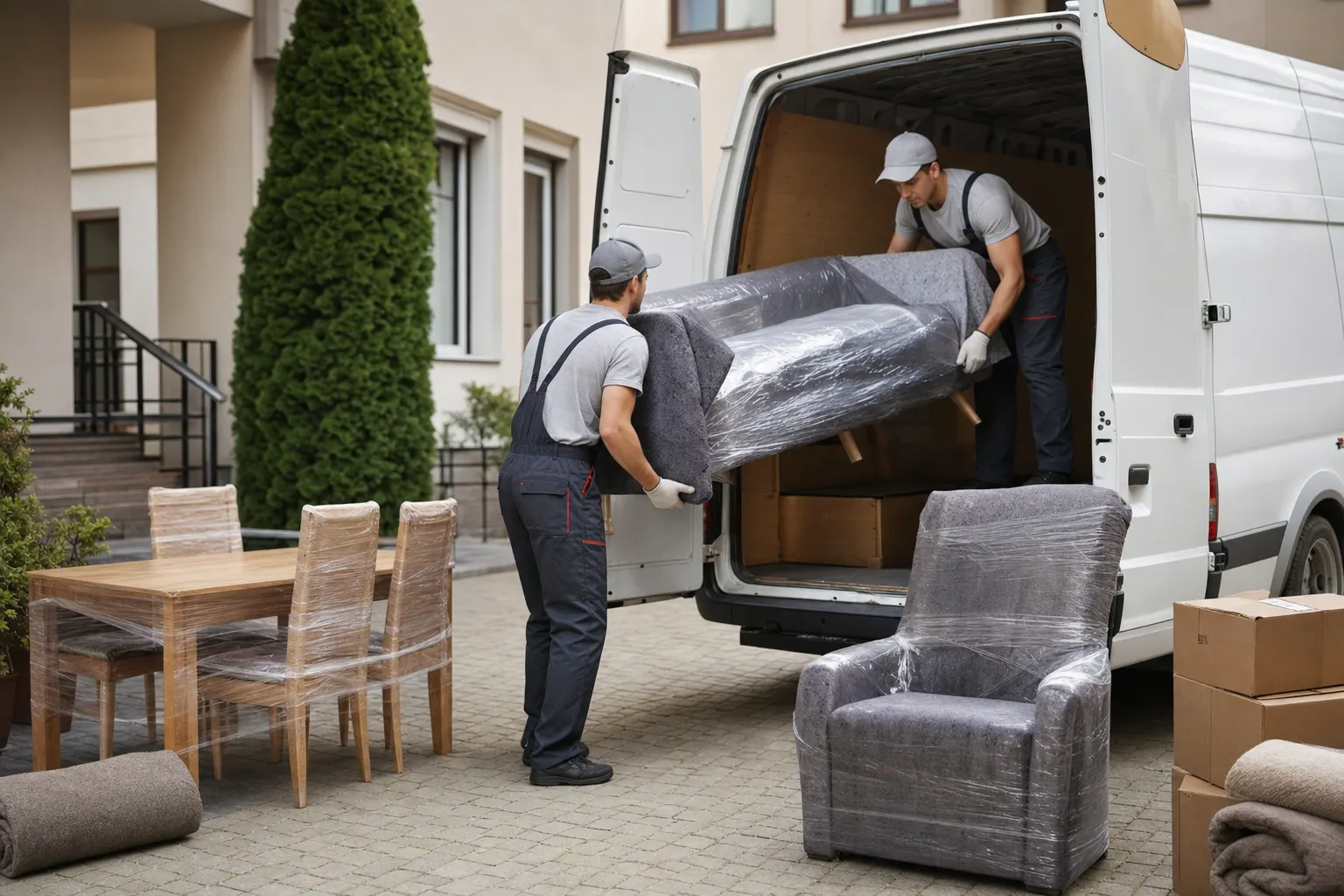 Mobilier securizat în dubă cu pături de protecție și chingi