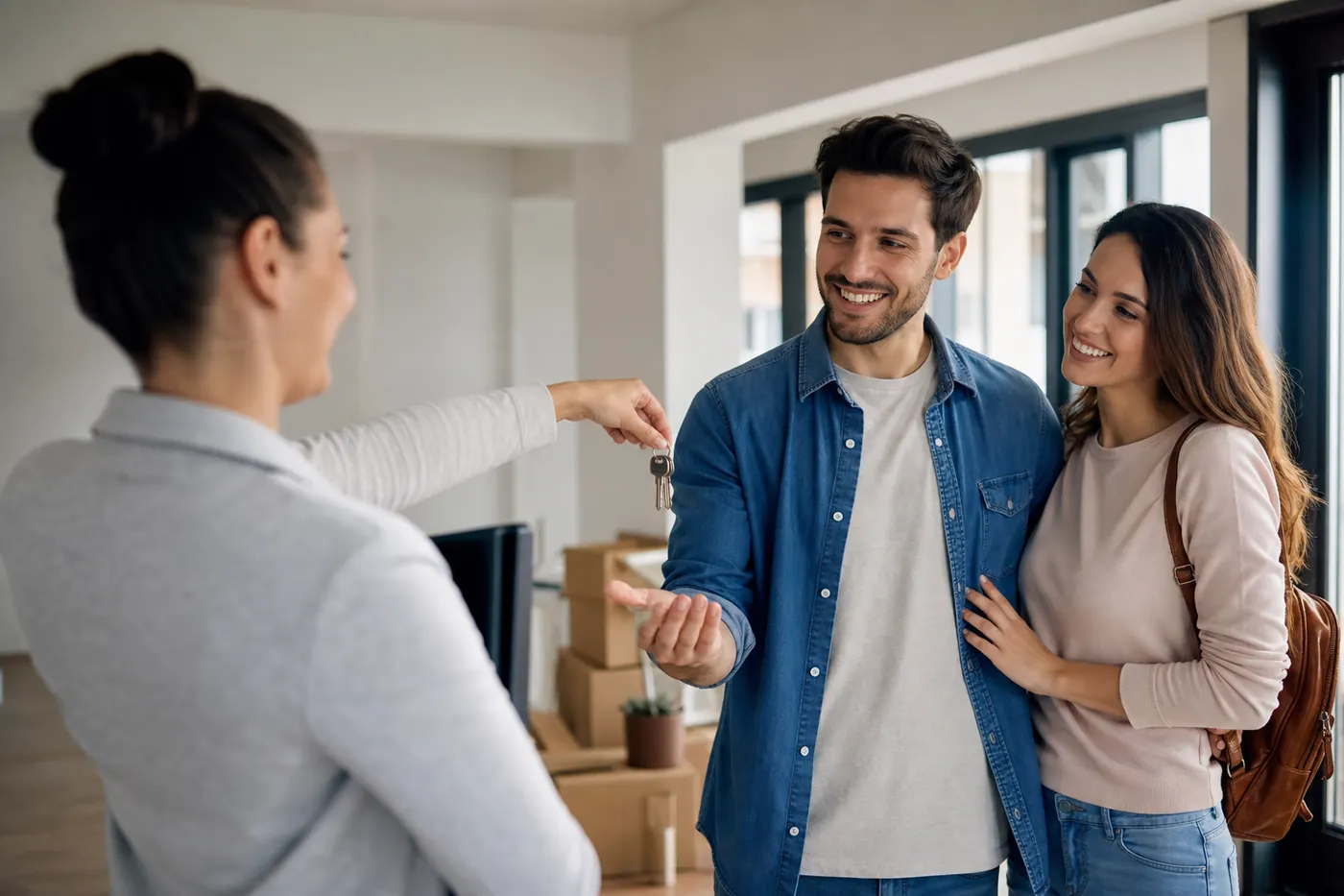 Agent imobiliar care inmaneaza cheile unui client intr-un apartament cu cutii de mutare