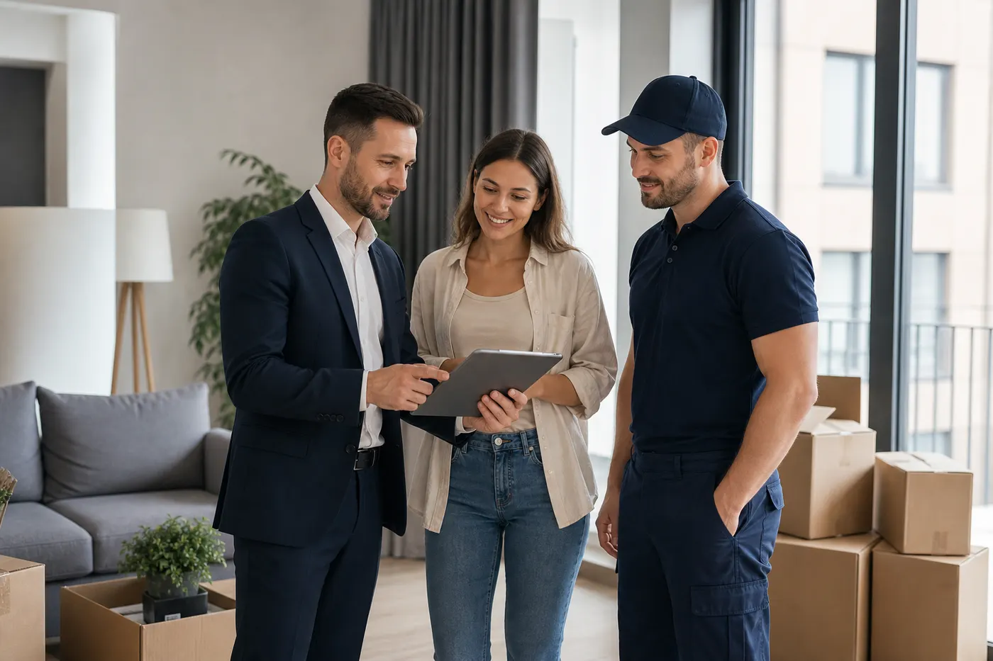 Agent imobiliar client si reprezentant transport care discuta o mutare